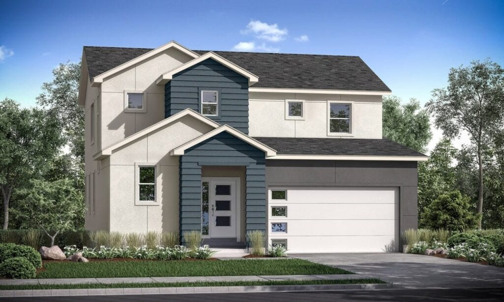 A house with blue and white siding on the front of it.